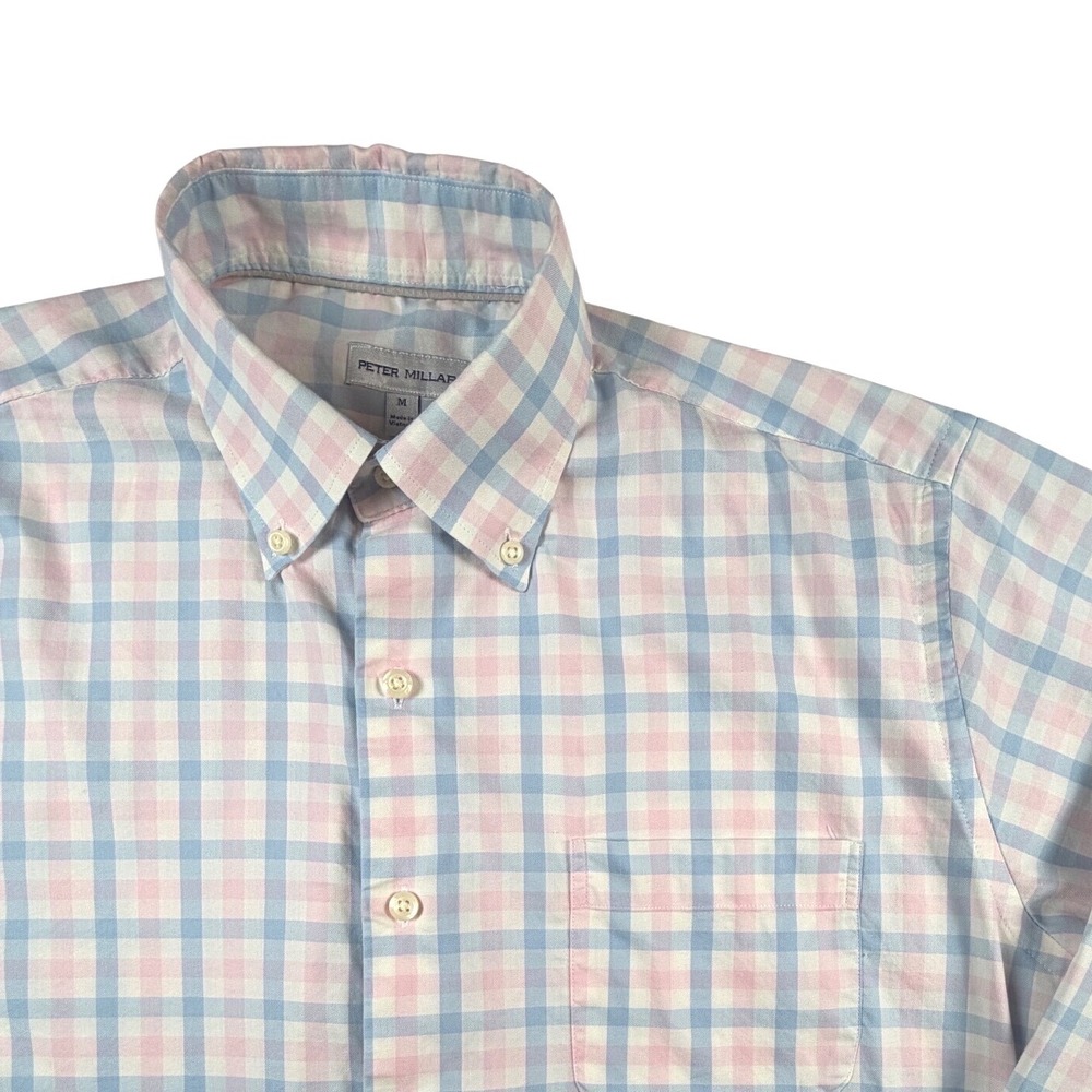 Peter Millar Mens Pink Blue Gingham Check Button Down Shirt Medium Long Sleeve
